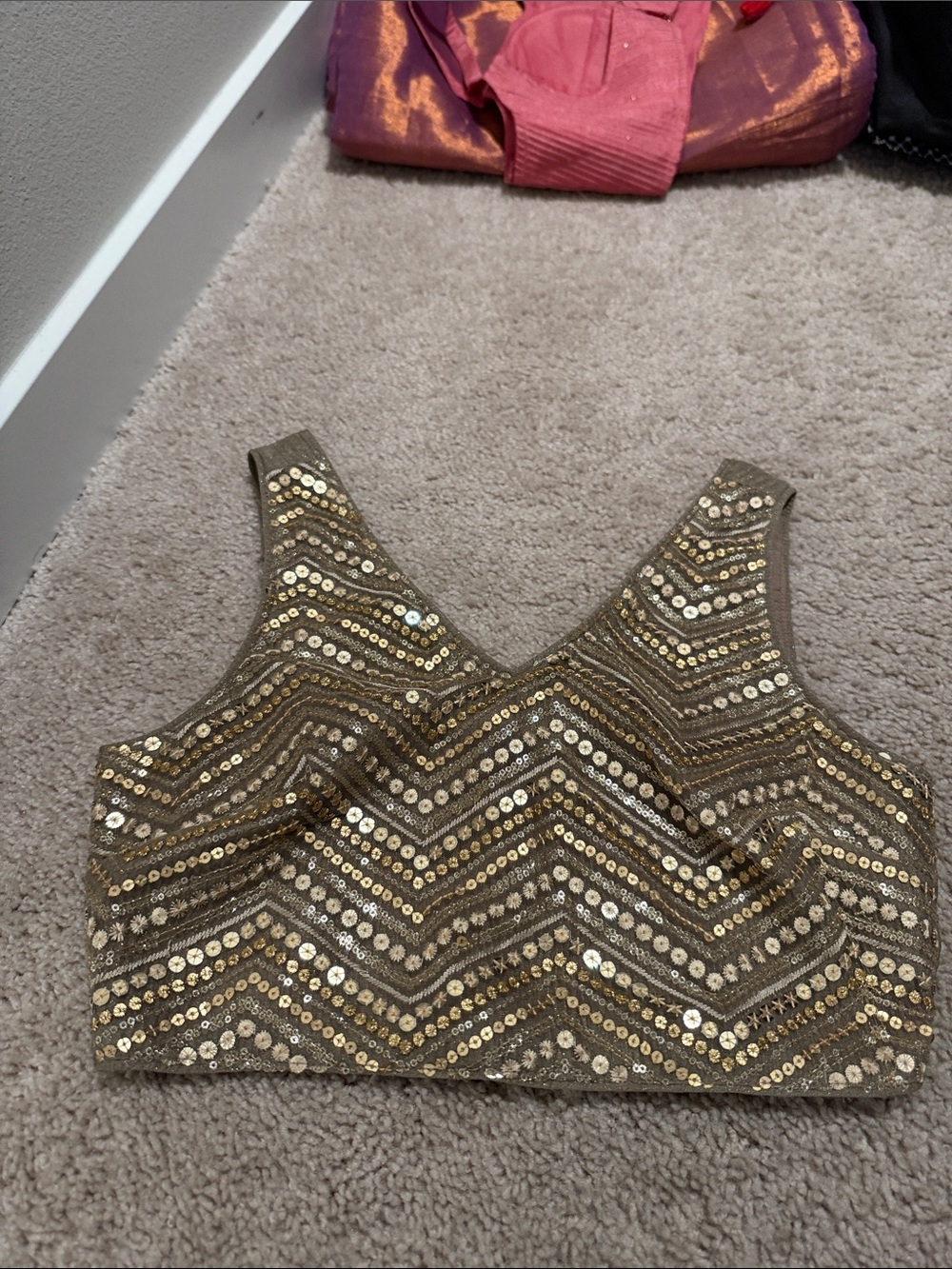 Sequined Chevron Crop Tank Top - Gold